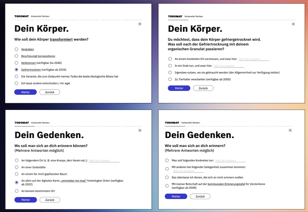 Screen des Todomaten zu Körper- und Gedenken-Fragen in weiß 