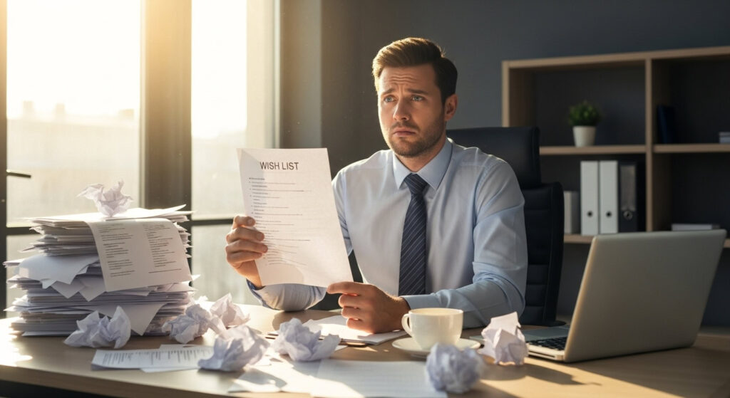 Job Description Anforderungsprofil Recruiting: mann-am-arbeitsplatz-mit-wunschliste-wish-list-und-zerknuellten-papieren
