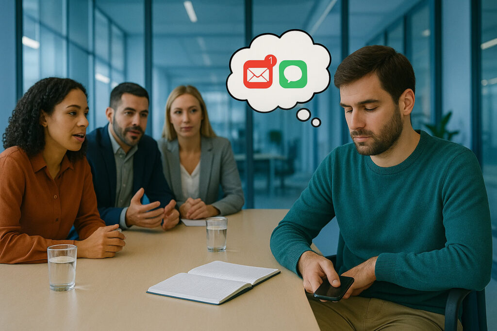 büro-vier-leute-gedankenblase-emails-und-nachrichten-einer-augen-zu-drei-reden-und-gucken-den-einen-an