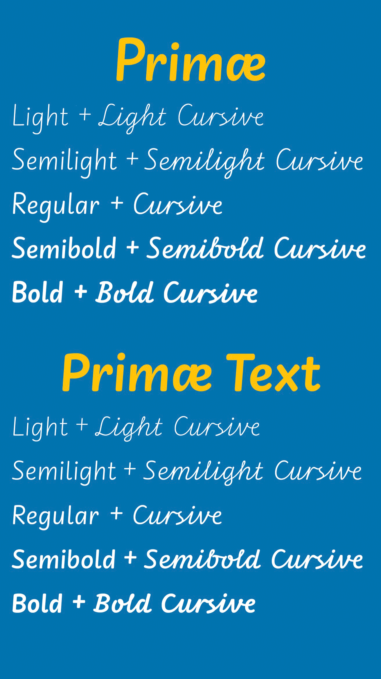 Schulschrift Primæ , Specimen Schriftschnitte, gelbe und weiße Schrift auf blauem Hintergrund