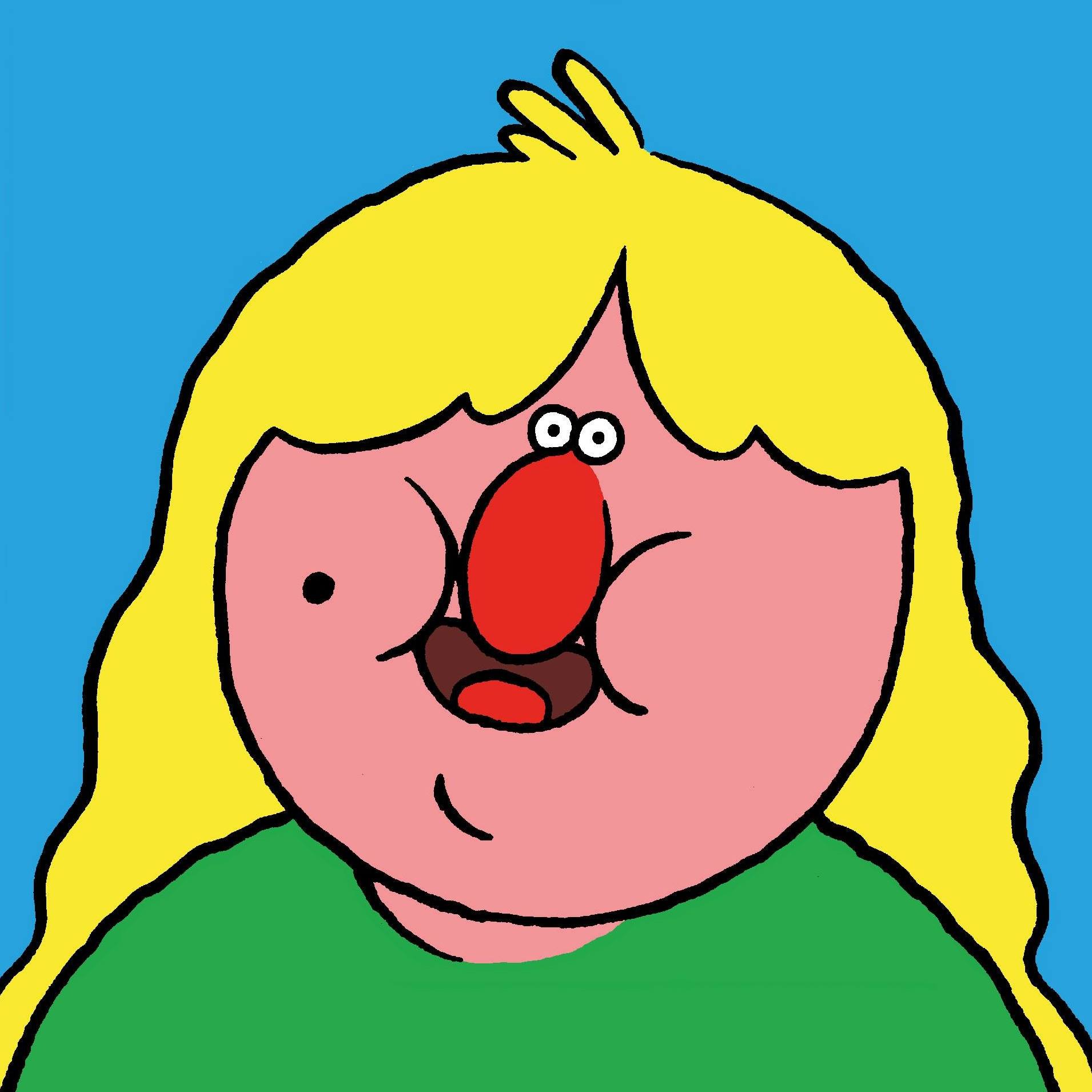 Bunte Cartoon-Zeichnung einer Figur mit rosa Gesicht, großer roter Nase, kleinen runden Augen und langem, gelbem Haar. Die Figur trägt ein grünes Oberteil und hat einen erstaunten Gesichtsausdruck. Der Hintergrund ist einfarbig blau.